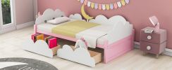 Twin Size Bed with Clouds and Crescent Moon Decor, Platform Bed with 2 Drawers (White+Pink)