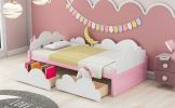 Twin Size Bed with Clouds and Crescent Moon Decor, Platform Bed with 2 Drawers (White+Pink)