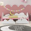 Twin Size Bed with Clouds and Crescent Moon Decor, Platform Bed with 2 Drawers (White+Pink)