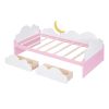 Twin Size Bed with Clouds and Crescent Moon Decor, Platform Bed with 2 Drawers (White+Pink)