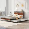 Queen Size Metal Platform Bed Frame with Trundle;  USB Ports and Slat Support ; No Box Spring Needed