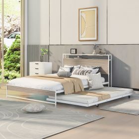 Queen Size Metal Platform Bed Frame with Trundle;  USB Ports and Slat Support ; No Box Spring Needed (Color: White)