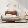 Queen Size Metal Platform Bed Frame with Trundle;  USB Ports and Slat Support ; No Box Spring Needed