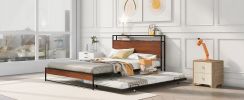 Queen Size Metal Platform Bed Frame with Trundle;  USB Ports and Slat Support ; No Box Spring Needed